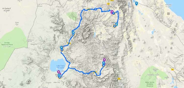 Map of Ethiopia historic North tour route: Lalibela, Bahir Dar, Gondar, Gherala, Mekele
